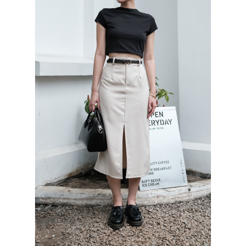 Mi So [미소] Plain Midi Skirt Semi Wool Import Rok Panjang Kerja Formal Pakaian Bawahan Atasan Gaun Pe