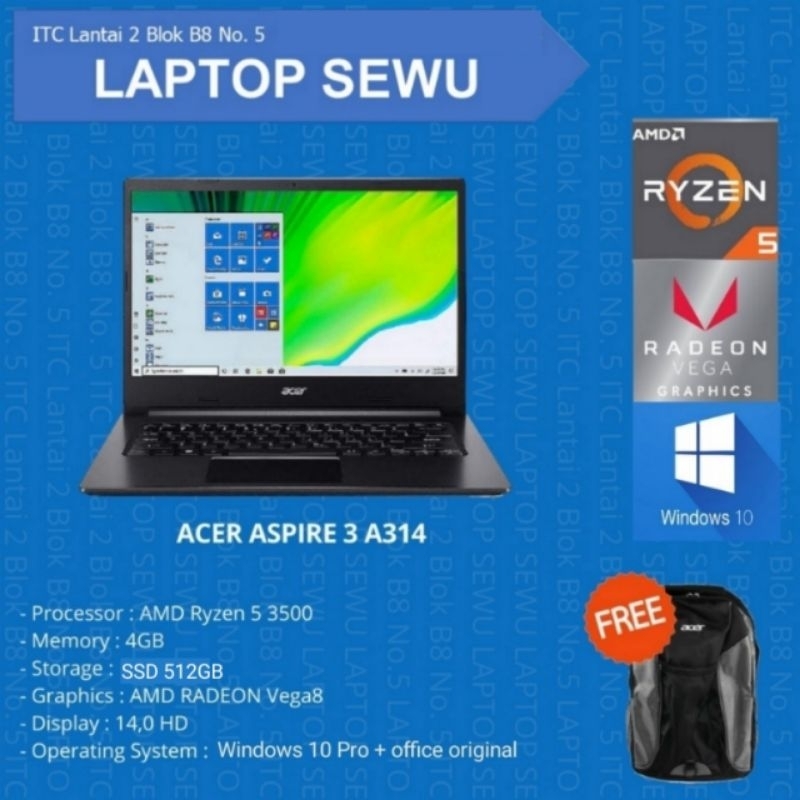 ACER ASPIRE 3 A314-22-R20Z AMD RYZEN 5-3500U 4GB SSD 512GB RADEON WIN 10