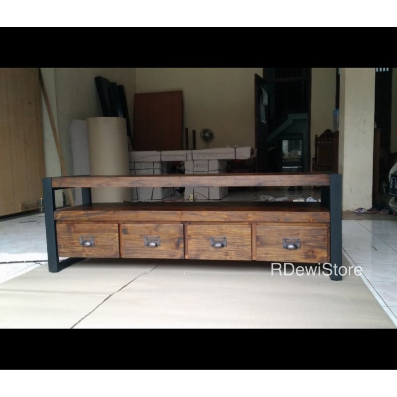 meja tv industrial kayu jati , meja tv kayu kombinasi besi , meja tv rustik
