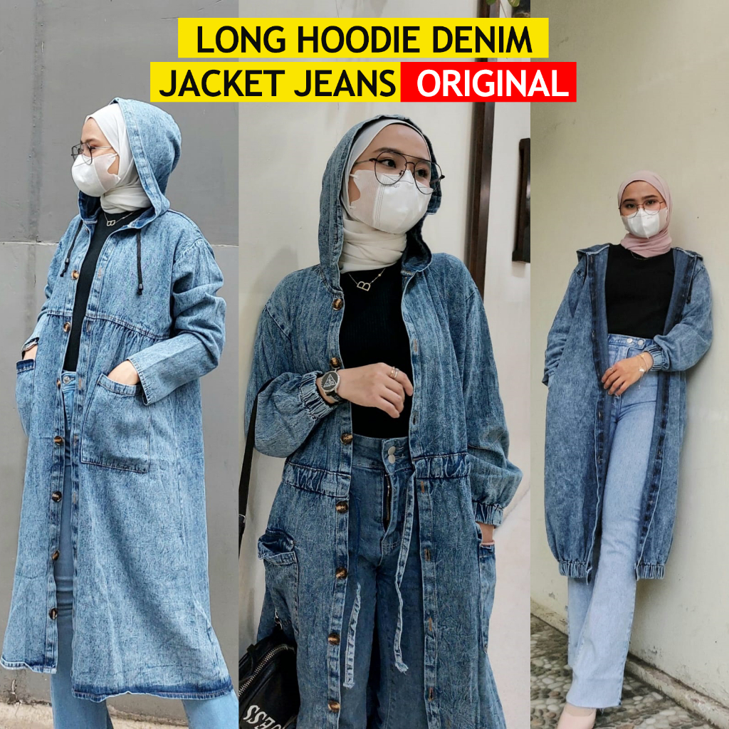 Jaket Jeans Long Hoodie Panjang Oversize Wanita Denim Wash Original