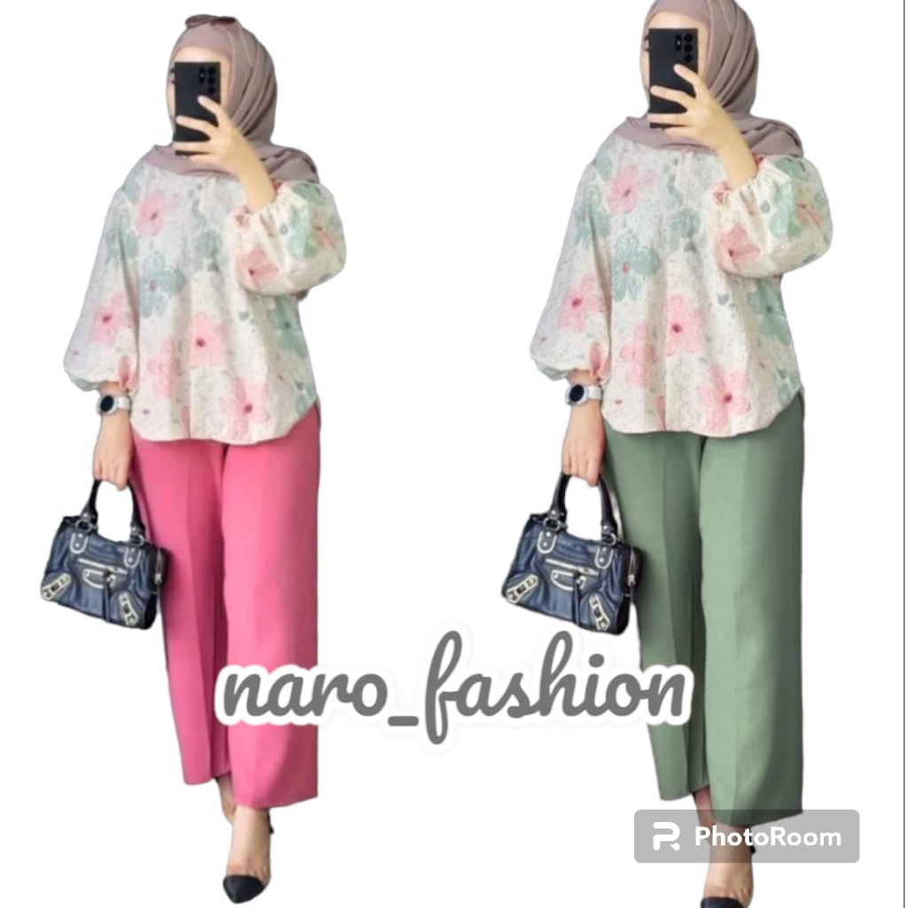 FAIRA SET 2 SETELAN MOTIF BUNGA CELANA KULOT POLOS BAHAN CRINKLE AIRFLOW LD 110 || ONESET MOTIF KEKI