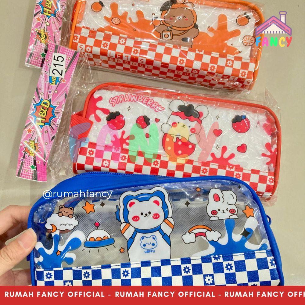 Tempat Pensil Kain Sleting + Kantong Belakang HD 215 Motif Bear Transarant Mika Lucu Unik Murah