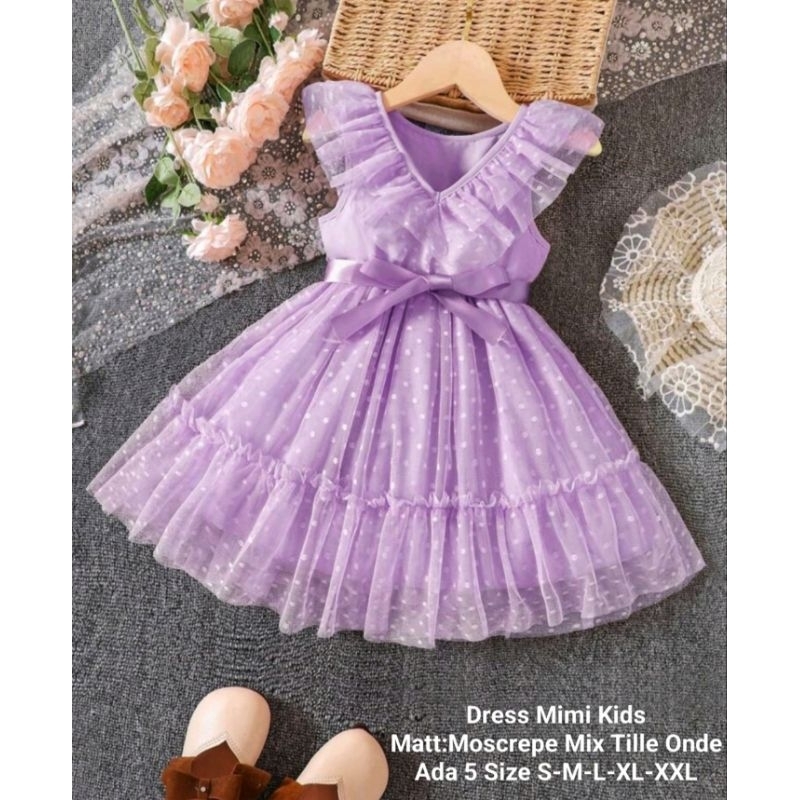 Dress Anak Perempuan Cocok Untuk Acara Pesta Model Kerutan/Dress Mimi Kids 5 Ukuran S-M-L-XL-XXL/Moscrepe Mix Tille Tutu Onde