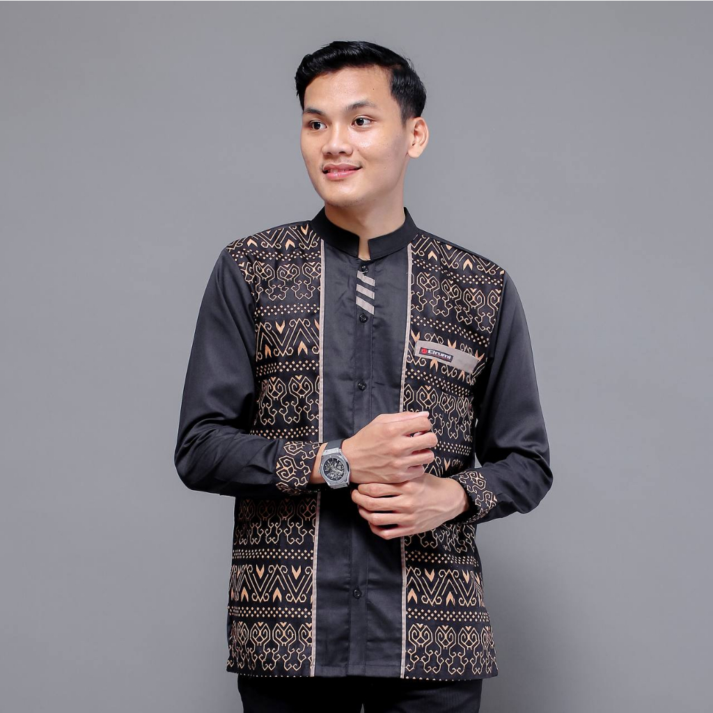 Baju Koko Pria Elrumi Lengan Panjang Motif Dayak Kombinasi Batik Warna Hitam