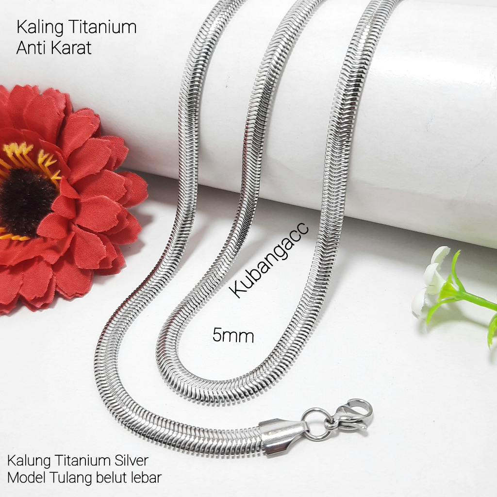 Shegeh_Store Kalung Titanium Silver Model Ular Gepeng Besar Kalung Anti Karat Pria Wanita