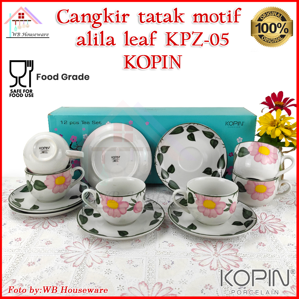 KOPIN 6 pasang cangkir set + tatakan motif alila leaf 220ml / gelas minum / coffee set tea cup and saucer porcelain KPZ-05