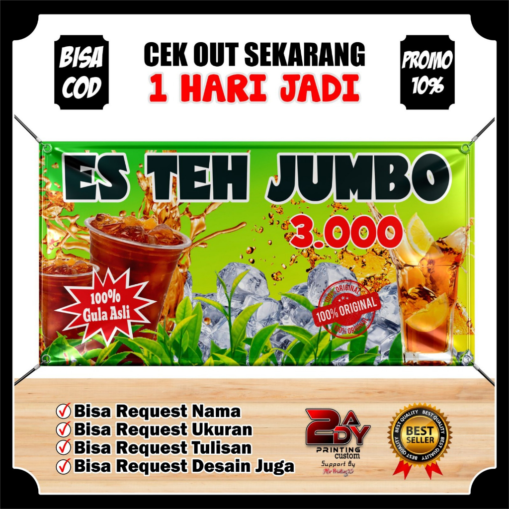 SPANDUK BANNER ES TEH JUMBO, BANNER JUALAN ES TEH BISA CUSTOM