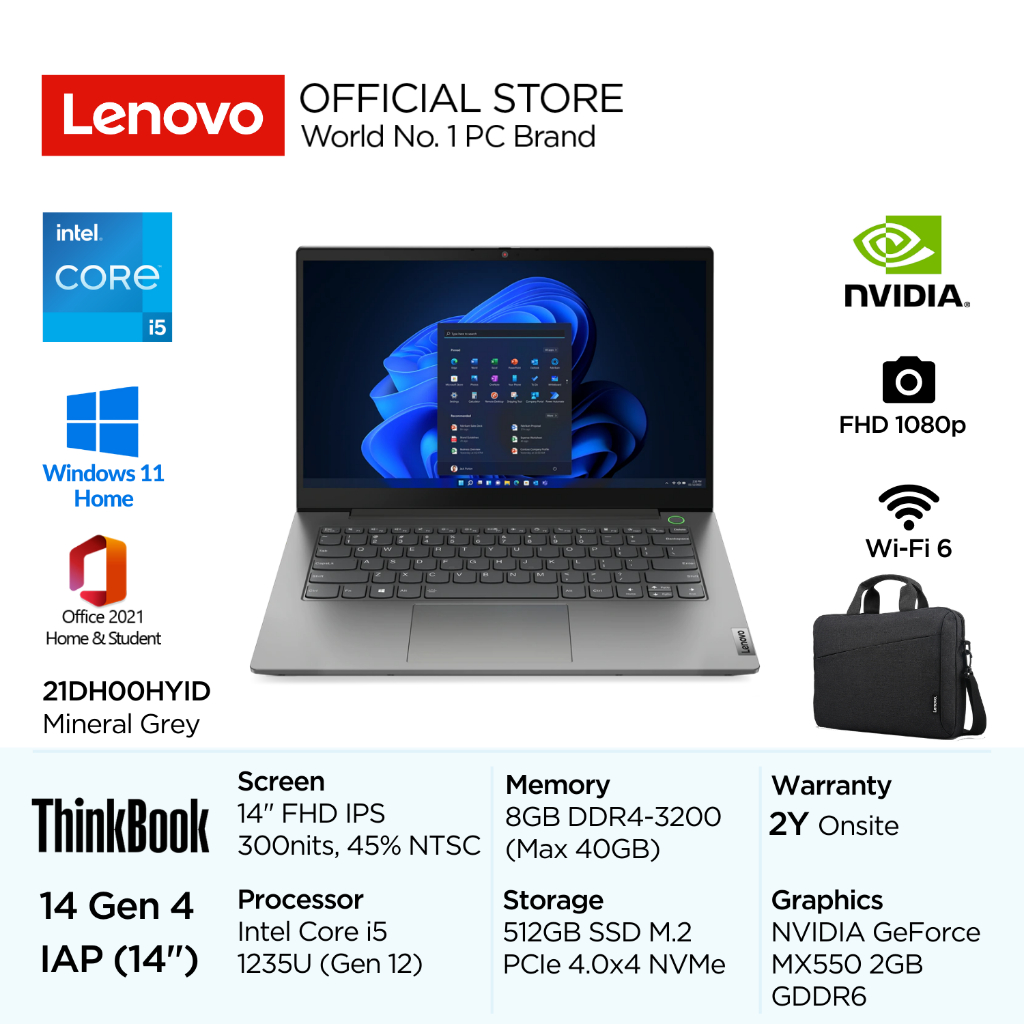 Lenovo ThinkBook 14 Gen 4 IAP HYID Intel Core i5 1235U Win11 8GB Soldered 512GB SSD 14" FHD IPS 45% NTSC Antiglare NVIDIA MX550 2GB Backlit Fingerprint 1080p Camera Milspec Wi-Fi6 Gen12 Aluminium Cover Garansi Laptop Bisnis SMB 14inch 21DH00HYID Grey