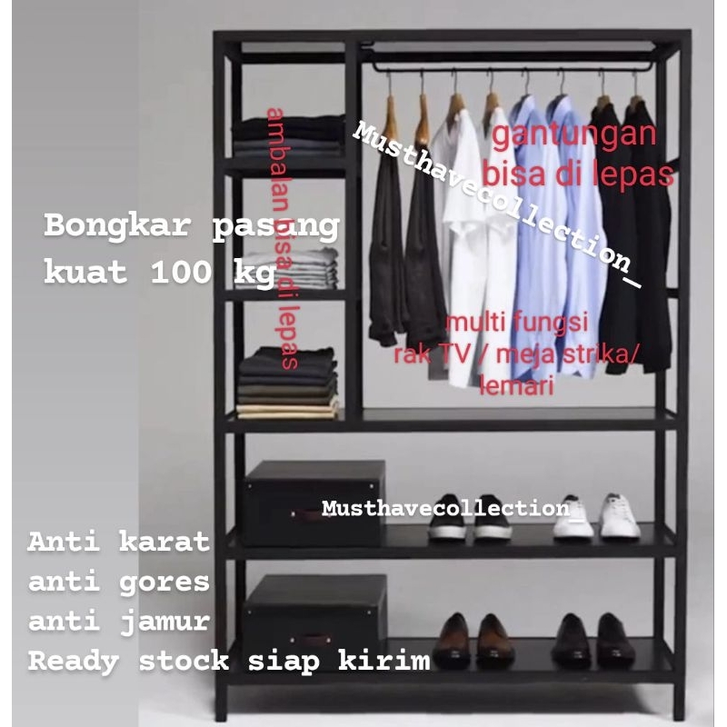 LEMARI PAKAIAN FURNITURE INDUSTRIAL RAK BESI MINIMALIS NAKAS GUDANG STOCK BAJU MEJA SETRIKA ALAS SET