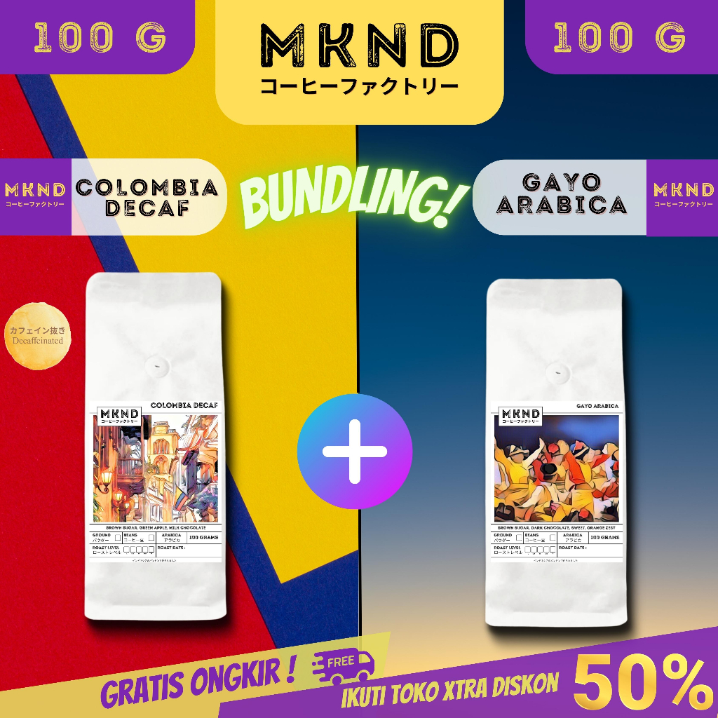 

MKND® BUNDLING HEMAT 2X100 KOPI ARABIKA ACEH GAYO GRADE 1+ COLOMBIA DECAF (IMPORT BEANS) PROMO DISCON | BIJI BUBUK | SINGLE ORIGIN | PREMIUM COFFE | ROASTED BEANS | MANUAL BREW | COFFE ROASTERY