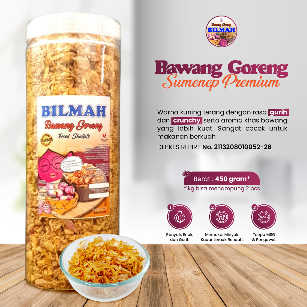 

Bilmah Bawang Goreng Asli Sumenep Premium Kemasan Toples 450 Gram