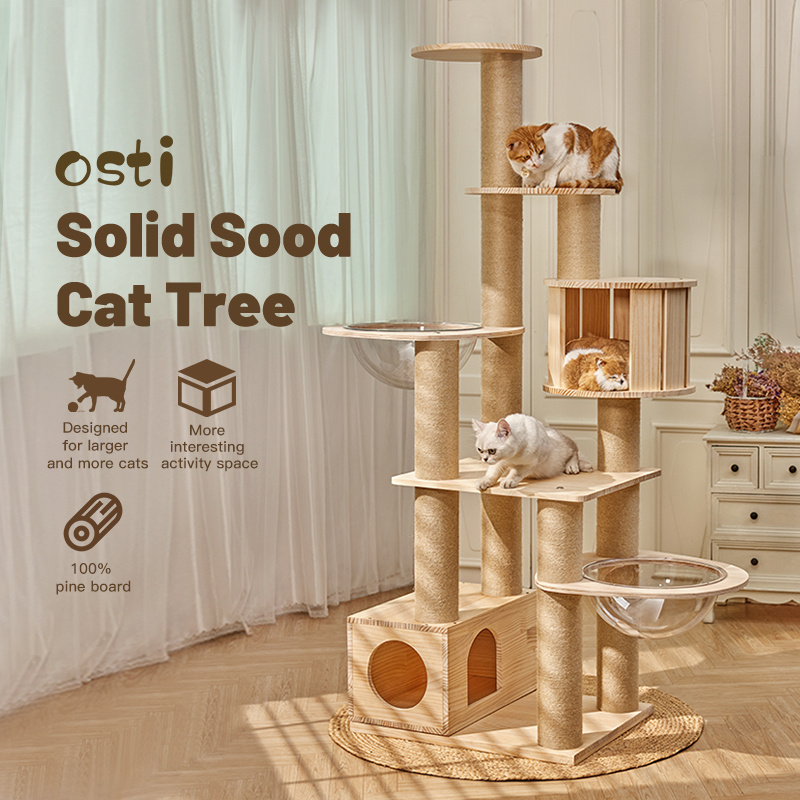 Osti Pohon Kucing Kayu Pinus Kapsul Ruang Ganda Mewah untuk Beberapa Kucing Semua Dalam Satu Menara 