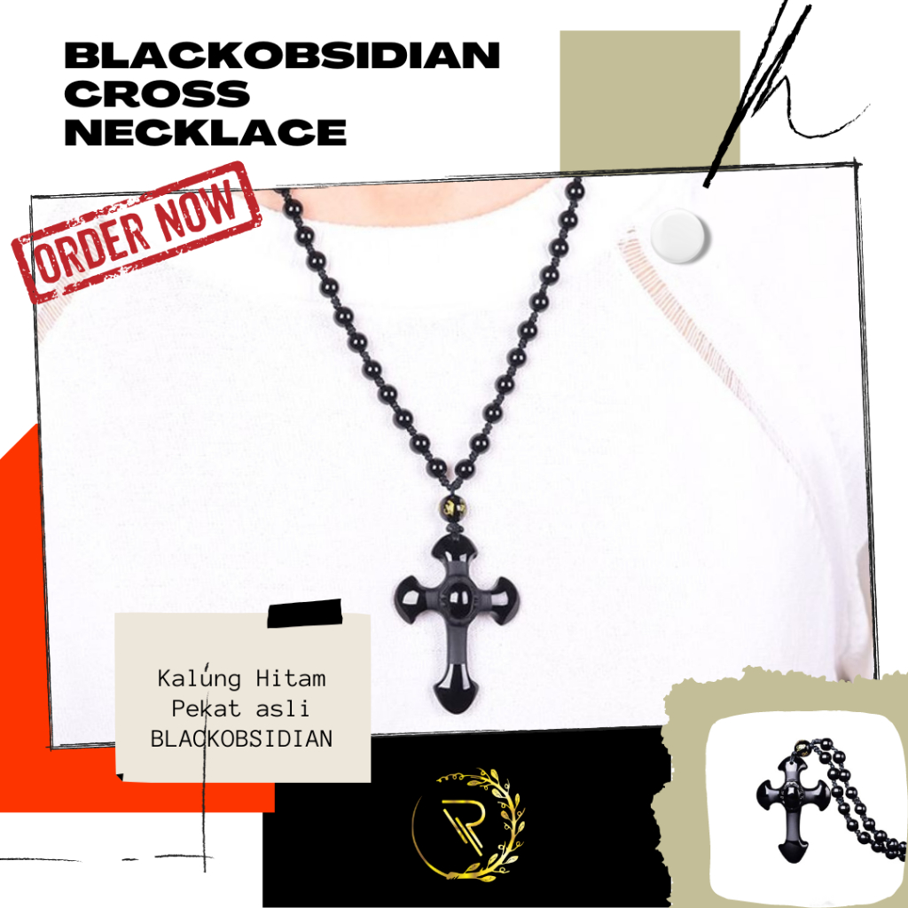 Kalung Salib Batu Black Obsidian
