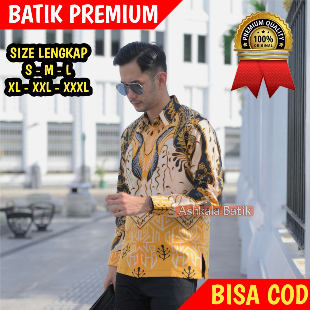 ASHKALA Baju Batik Pria Dewasa Katun Atasan Kemeja Pria Batik Modern Lengan Panjang Original
