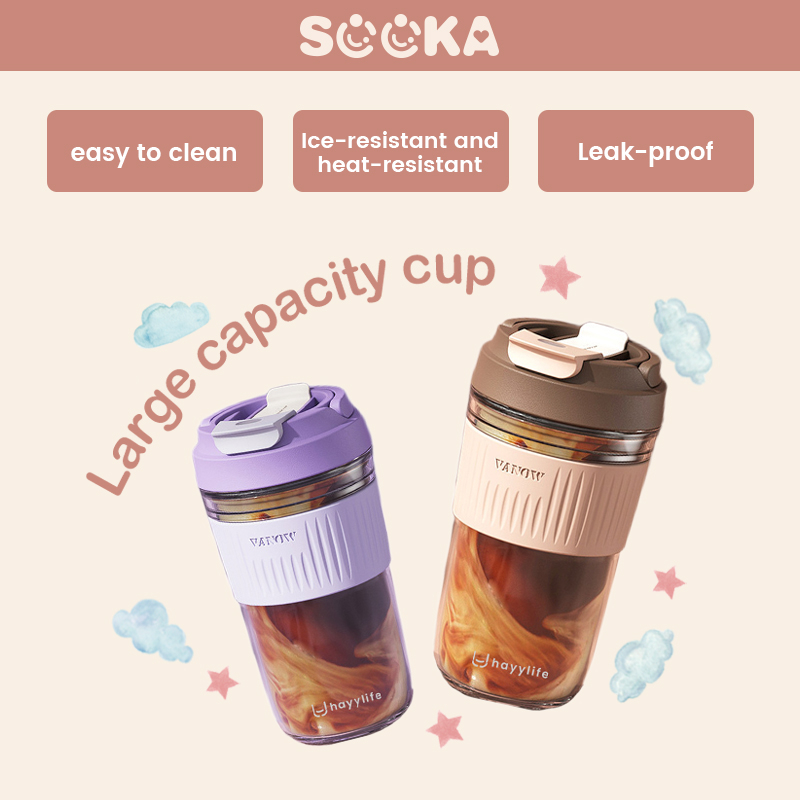 SOOKA Glass Double Drink Cup-Double Drink Cup Glass, Water Cup High Value Anti-Scalding Heat Insulation Portable Dapat Digunakan Sebagai Dudukan Ponsel, Gelas Kopi dengan Sedotan 550mlHL-AAB822