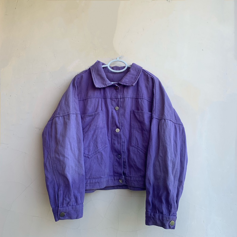 Jacket Jeans Crop Lavender Lilac Wanita Jaket Jeans Crop Oversize Lengan Balon Ungu