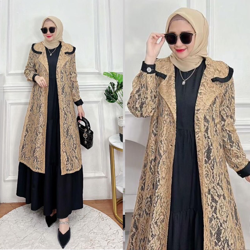 Gamis dress set outer maharani brokat brukat lace renda bruklat teracota bata merah coklat coksu mil