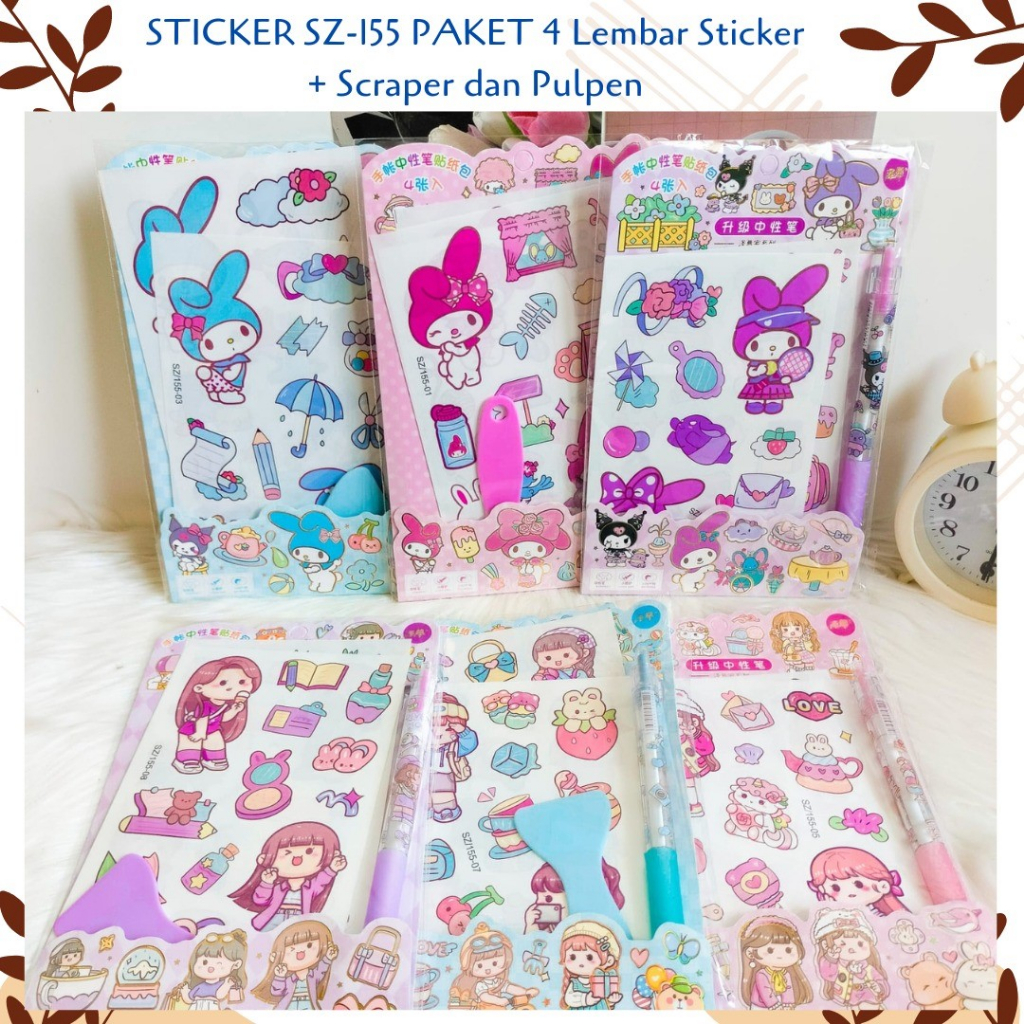 

PAKET 4 Lembar Sticker + Scraper dan Pulpen Kode SZ-155 DIY Daily Manual Cute Pattern Decorative Tape Sticker Gift CRAFT