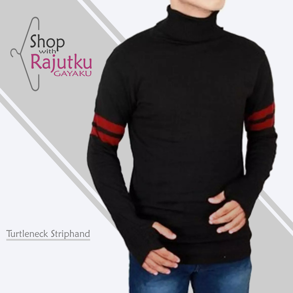 RB Sweater Rajut Pria Turtleneck Striphand Baju Kerah Tinggi Pria Dewasa Lengan Panjang Bahan Tebal