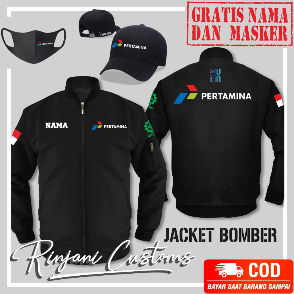 JAKET BOMBER PERTAMINA ANTI AIR GRATIS NAMA DAN MASKER - JAKET BOMBER BUMN - BOMBER PT