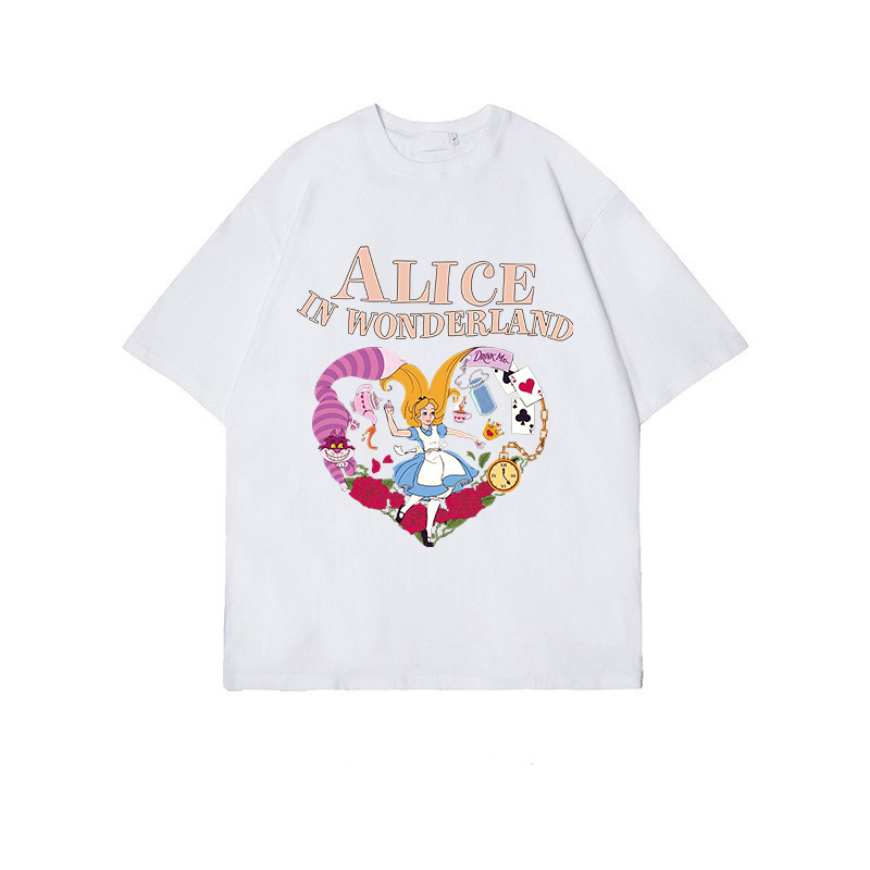 Kaos Wanita Korean Style Cartoon Alice Motif Printed Kaos Cream Import Oversize Kekinian T-Shirt