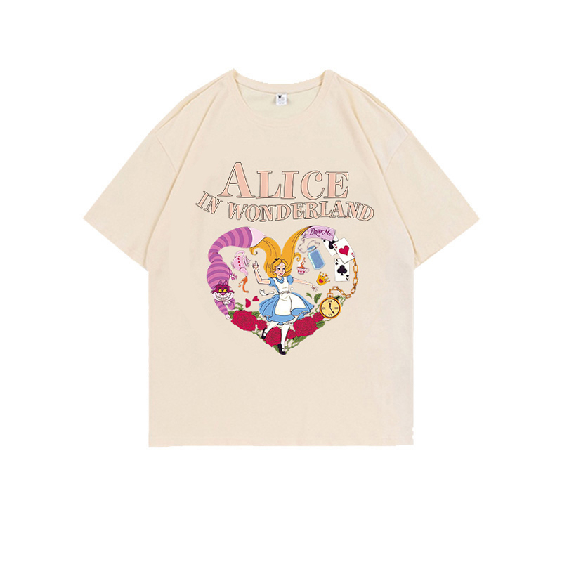 Kaos Wanita Korean Style Cartoon Alice Motif Printed Kaos Cream Import Oversize Kekinian T-Shirt