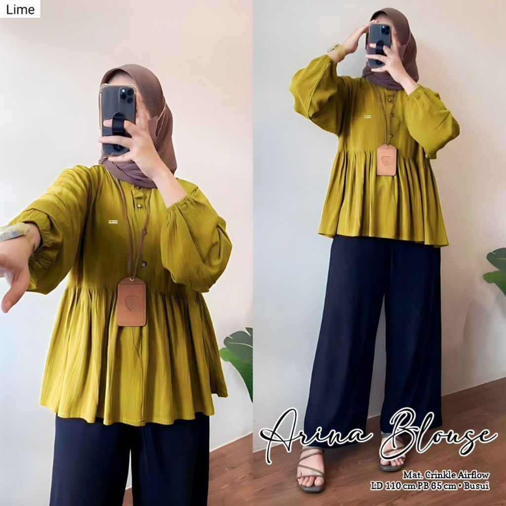 ATASAN WANITA TERBARU ARINA BLOUSE CRINKLE AIRFLOW PREMIUM REMPEL MUTER LENGAN KARET