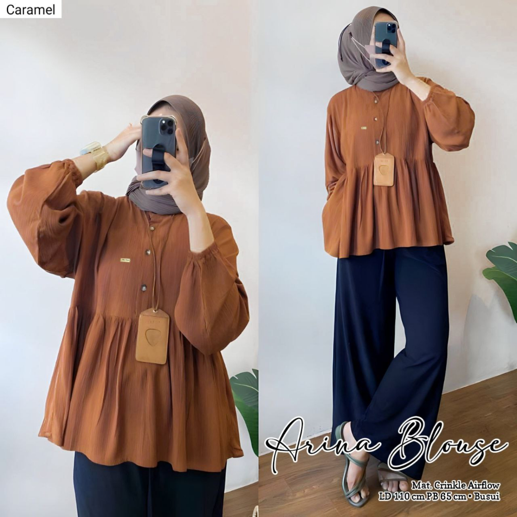 ATASAN WANITA TERBARU ARINA BLOUSE CRINKLE AIRFLOW PREMIUM REMPEL MUTER LENGAN KARET