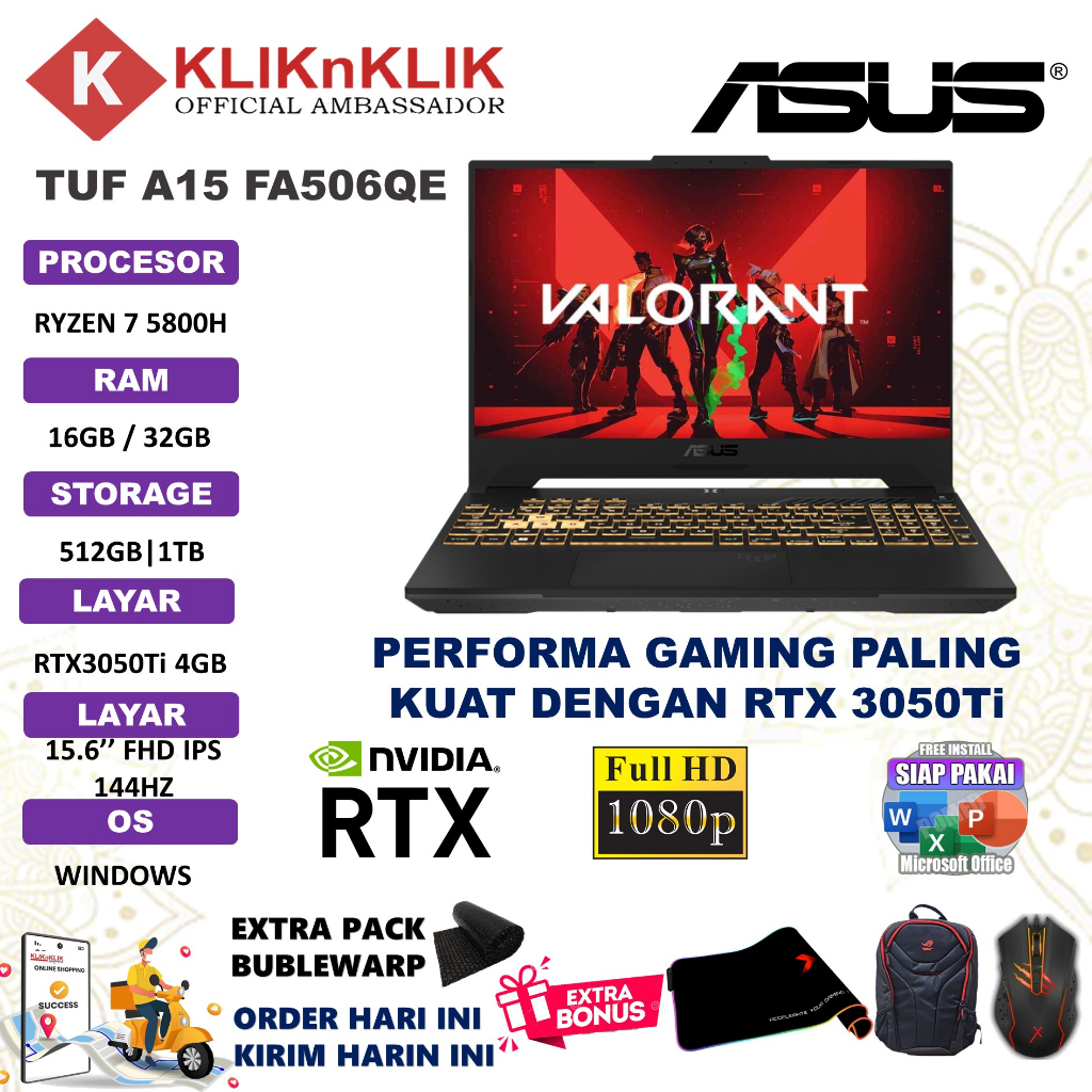 LAPTOP ASUS TUF A15 FA506QE AMD RYZEN 7 5800H 16GB 512GB RTX3050TI-4GB 15.6&quot; FHD BL WIN10HOME BLACK