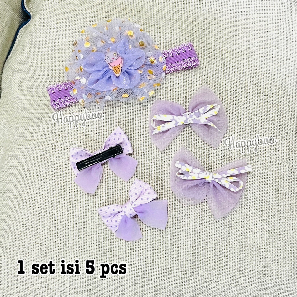 Aksesoris rambut set 5 in 1 bandana + jepit rambut psgn set bandana pita 5bj