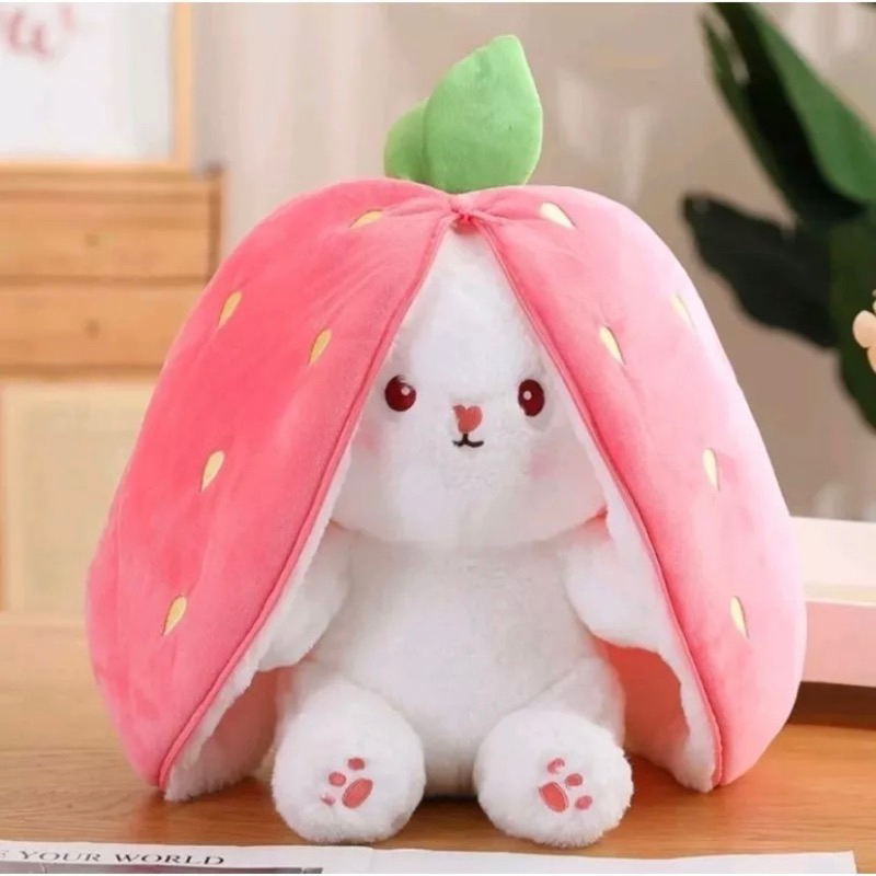 Boneka Kelinci Cute Rabbit Flip Strawberry Wortel Mainan Anak Flip Lucu Mewah Hadiah Ultah Telinga Panjang Buah Bunny Rabbit 25cm Bahan Halus SNI