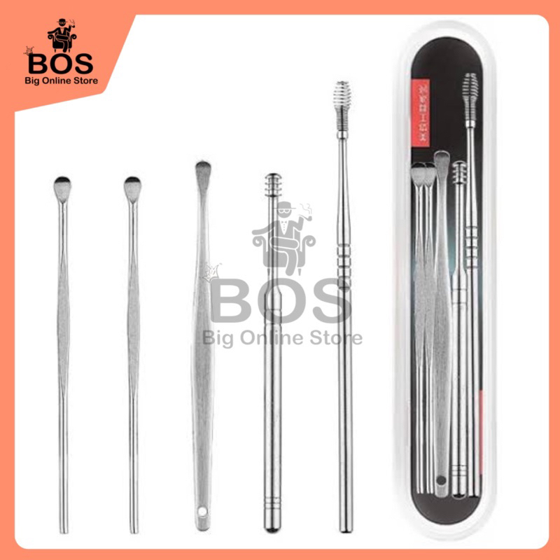 BOS - Korek Kuping Set 5in1 | Paket Alat Pembersih Kuping Stainless Steel 5 in 1