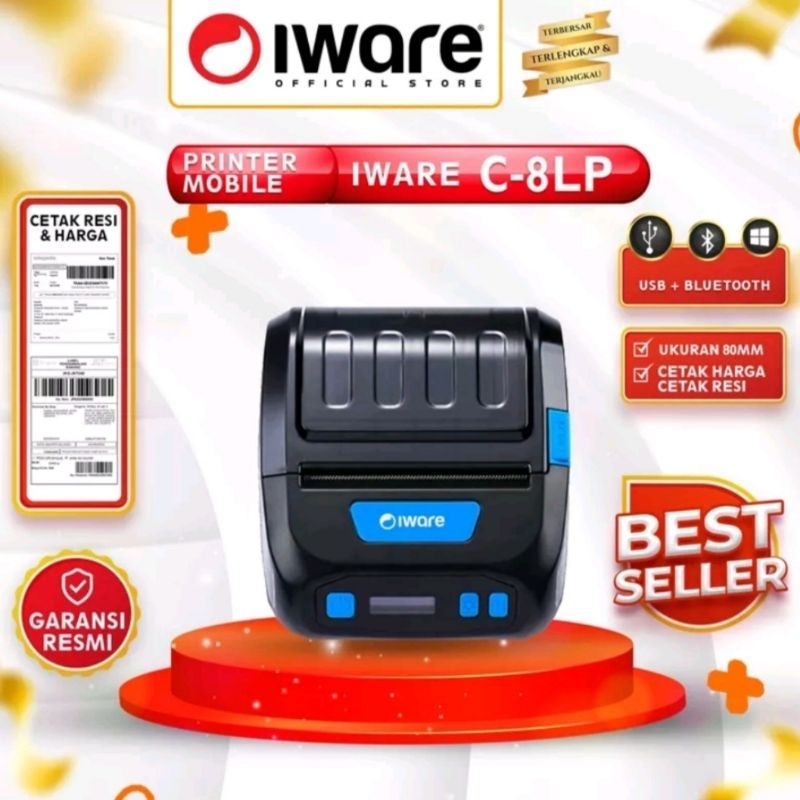 Printer Barcode Thermal Mobile Iware C-8LP USB + BLUETOOTH Cetak Resi Online Shop