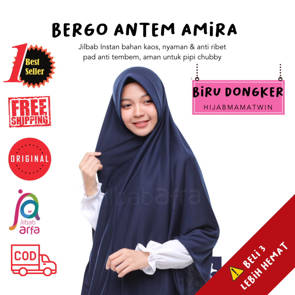 Bergo Amira Biru Dongker by Jilbab Arfa Jilbab Afra Kerudung sekolah SMP Bahan Kaos Satri