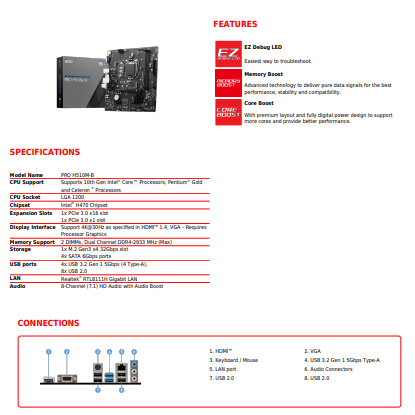 Motherboard MSI PRO H510M-B Intel LGA1200 DDR4