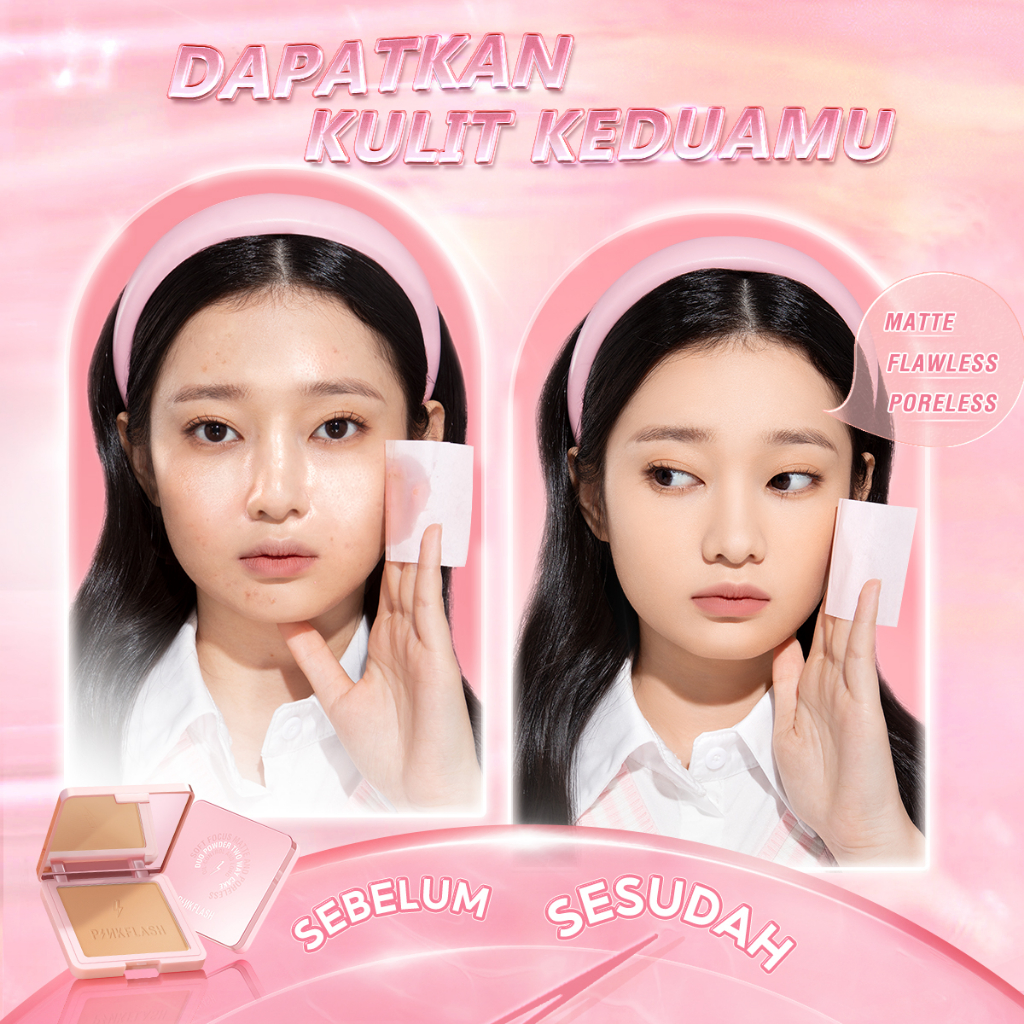 Pinkflash 2 Pcs Face Makeup Set Matte Oil Control Bedak Padat Pressed powder Hydrating Setting Spray Matte Finish Long Lasting