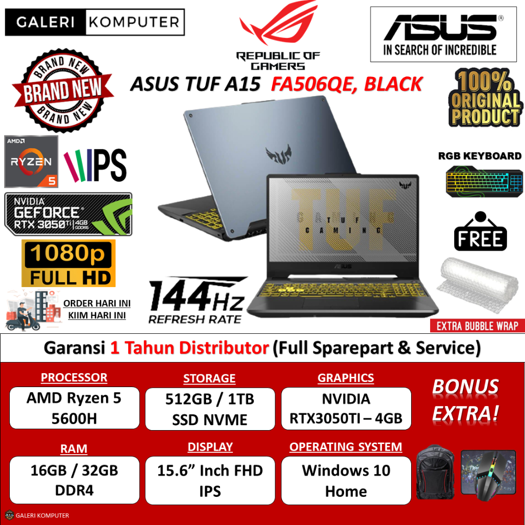 LAPTOP GAMING ASUS TUF A15 FA506QE RYZEN 5 5600H 16GB 512GB RTX3050TI FHD 144HZ WIN11