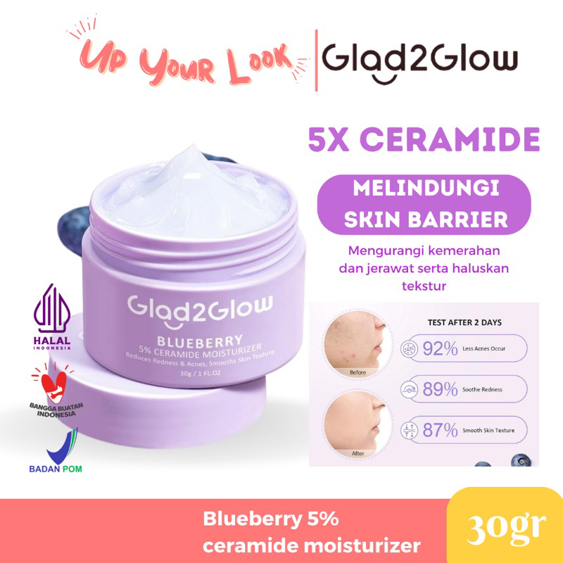 ✨Up your Look✨ Glad2Glow blueberry moisturizer cream 5x ceramide 5% skin barrier repair pelembab wajah