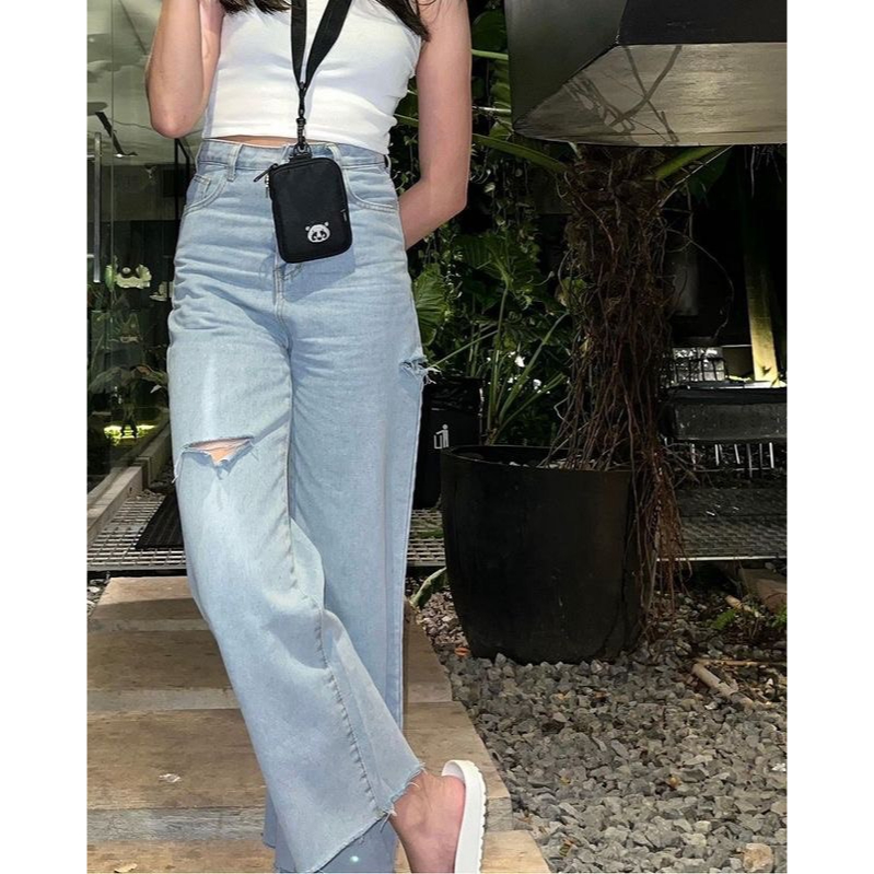 Kurns - Celana Kulot Jeans Loose High Waist Wanita - Loose Pans Ripped Unfinished Sobek Lutut Baggy 