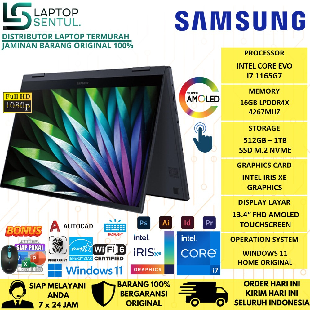 LAPTOP TOUCHSCREEN SAMSUNG GALAXY BOOK FLEX 2 ALPHA 13 2IN1 INTEL I7 1165G7 RAM 16GB SSD 1TB FHD AMOLED IRIS XE WINDOWS 11 ORIGINAL