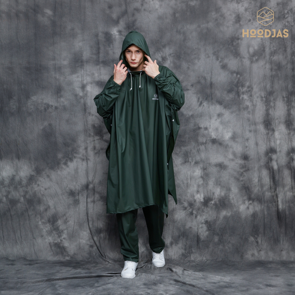 HOODJAS RAINCOAT JAS HUJAN PONCO MODEL LENGAN KELELAWAR HIJAU ARMY BAHAN PVC WATERPROOF