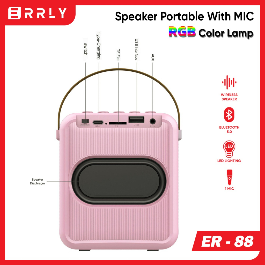 ERRLY ER-88 Speaker Bluetooth Microphone ER88 RGB LED 1 MIC Speker Karaoke KTV Nirkabel Wireless AUDIO EXTRA BASS Dapat terhubung ke HP , TV , Komputer