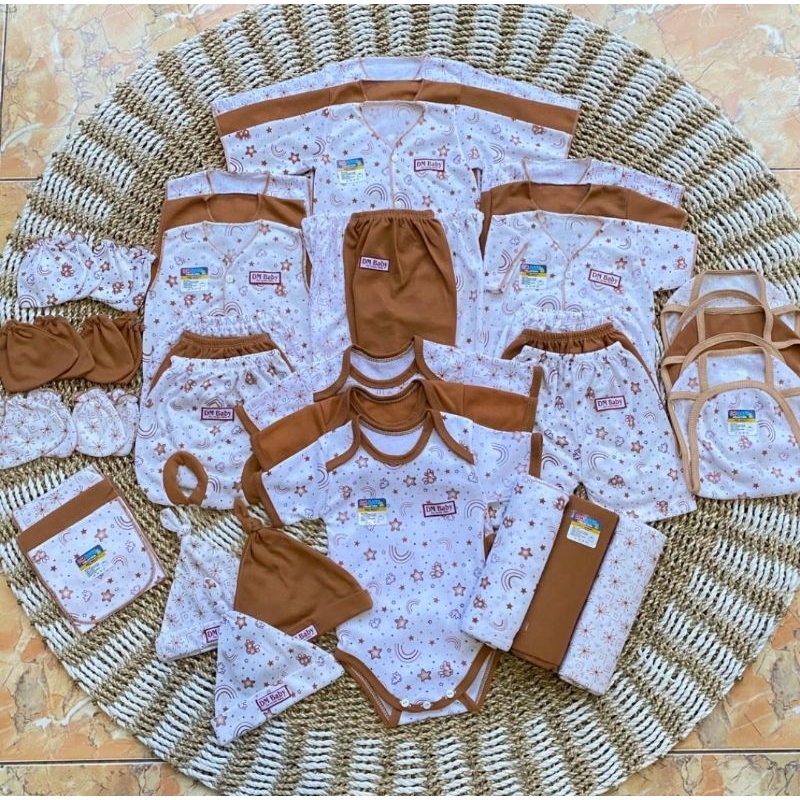 Paket 39 PCS Paket Brojol Seri Coklat Motif Paket Lahiran Lengkap Baju dan Celana Bayi Baru Lahir Ne