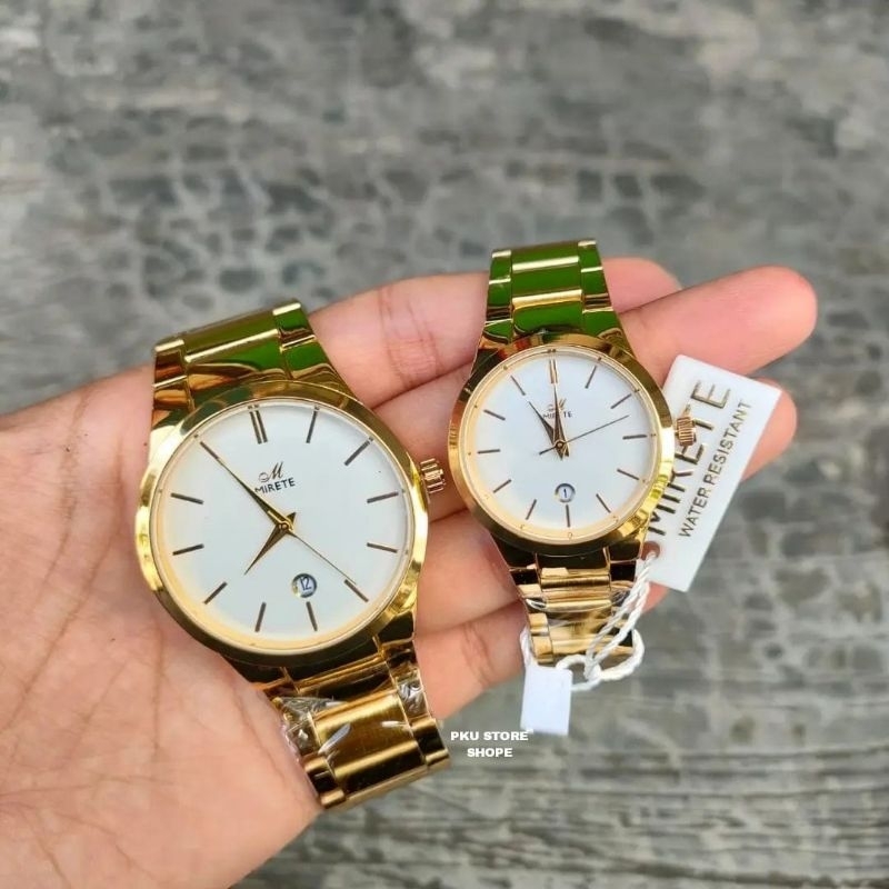 Jam Tangan Couple (pasangan) Pria Dan Wanita Mirete Original BESSTSELLER Strap Rantai Model Analog Quart Kekinian Simple dan Elegan // Jam Tangan Wanita Couple Mewah Fitur Tanggal Aktif Dan Terlaris //Jam Tangan Pria Dan Wanita Kekinian Santai dan Murah