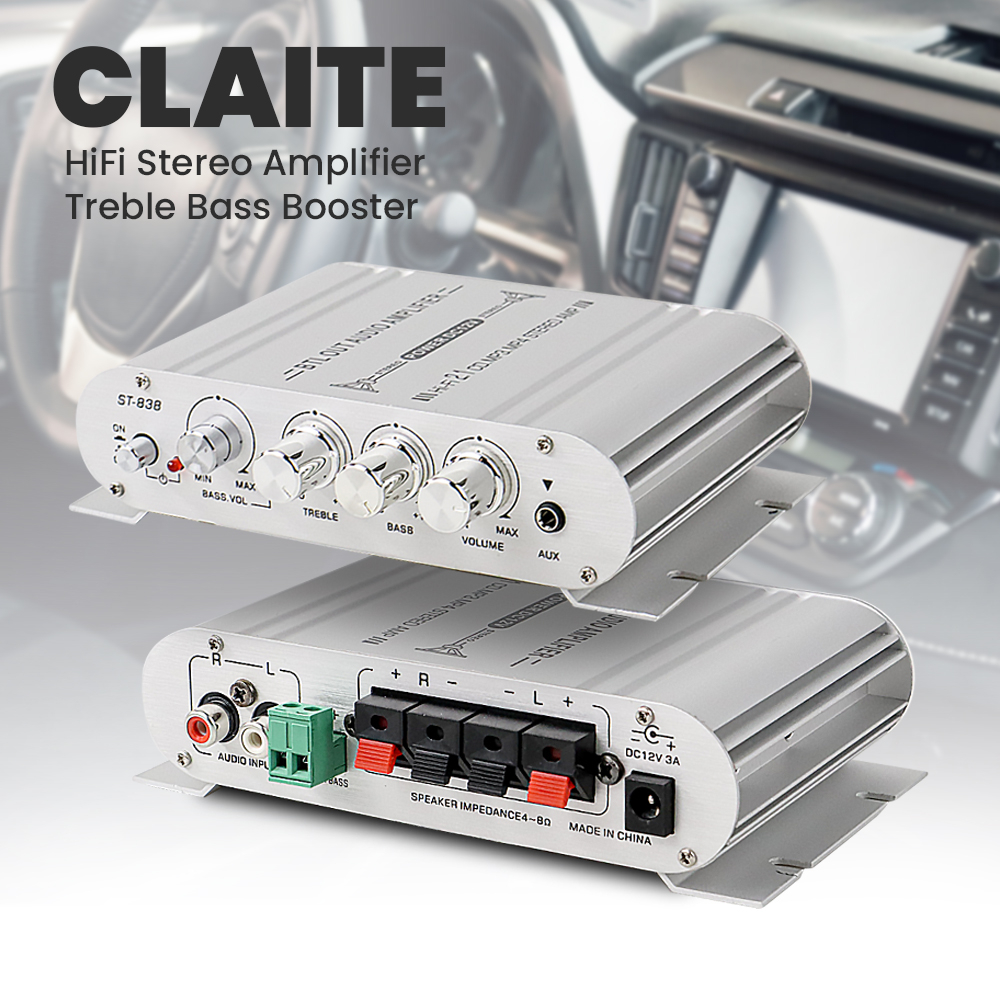 CLAITE HiFi Stereo Amplifier Treble Bass Booster - ST-838 - Silver - Amplifier Mini - Amplifir Bluetooth - Amplifier Subwoofer - Amplifier mobil - amplifier class d