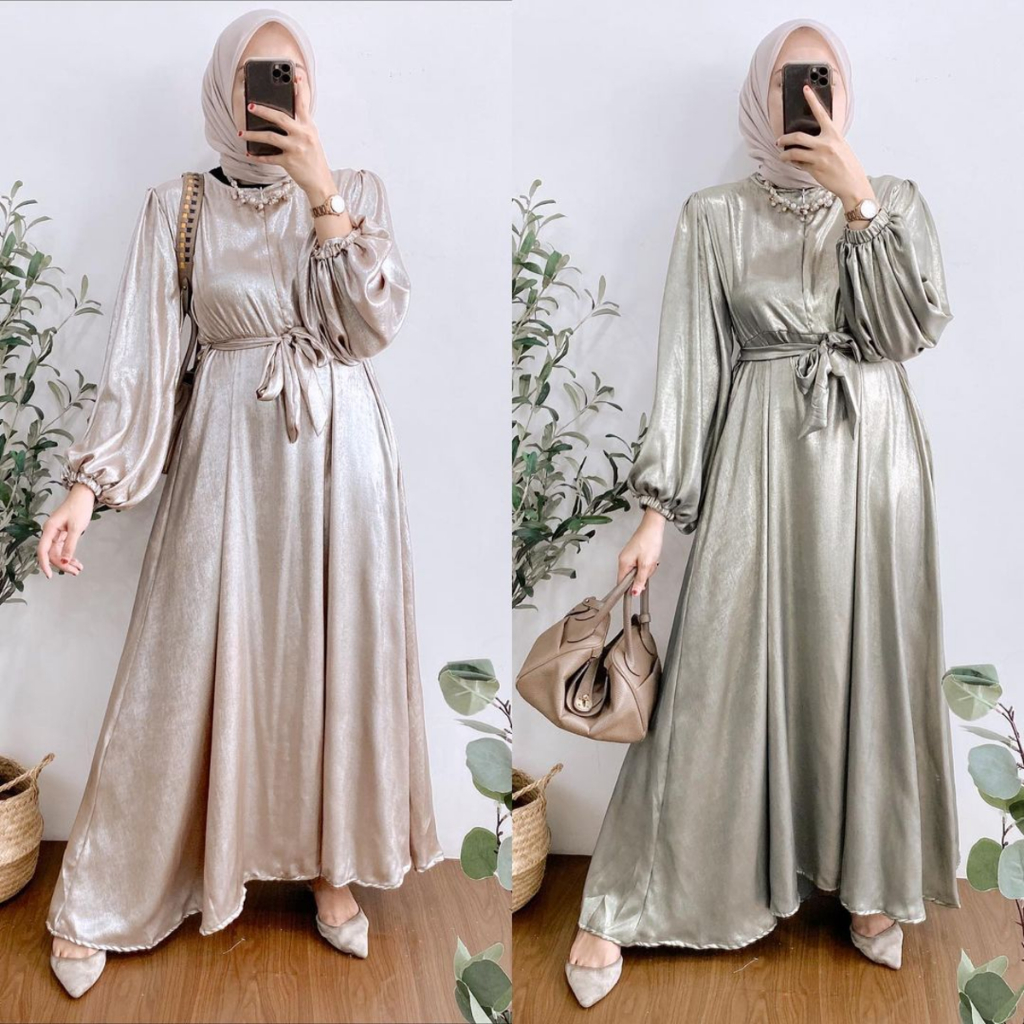 Terbaru gamis shimmer silk premium free ikat pinggang busui frendly dress shimmer polos terkini paka