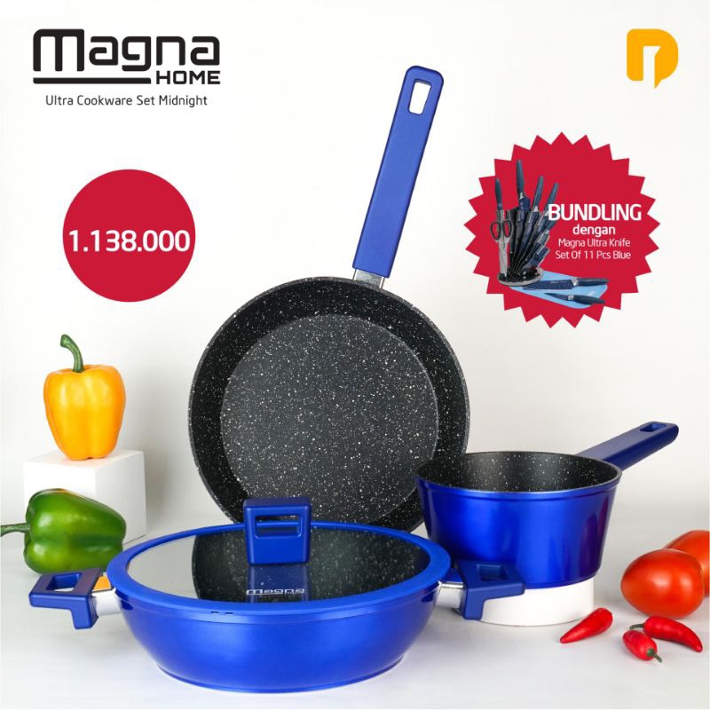 [GRATIS PISAU SET] Magna Cookware Panci set AntiLengket anti gores Biru Metalic