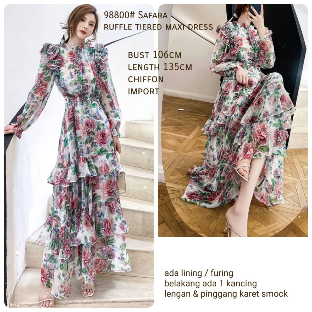 98800 Safara Ruffle Tiered Maxi Dress / Pakaian Wanita / Dres