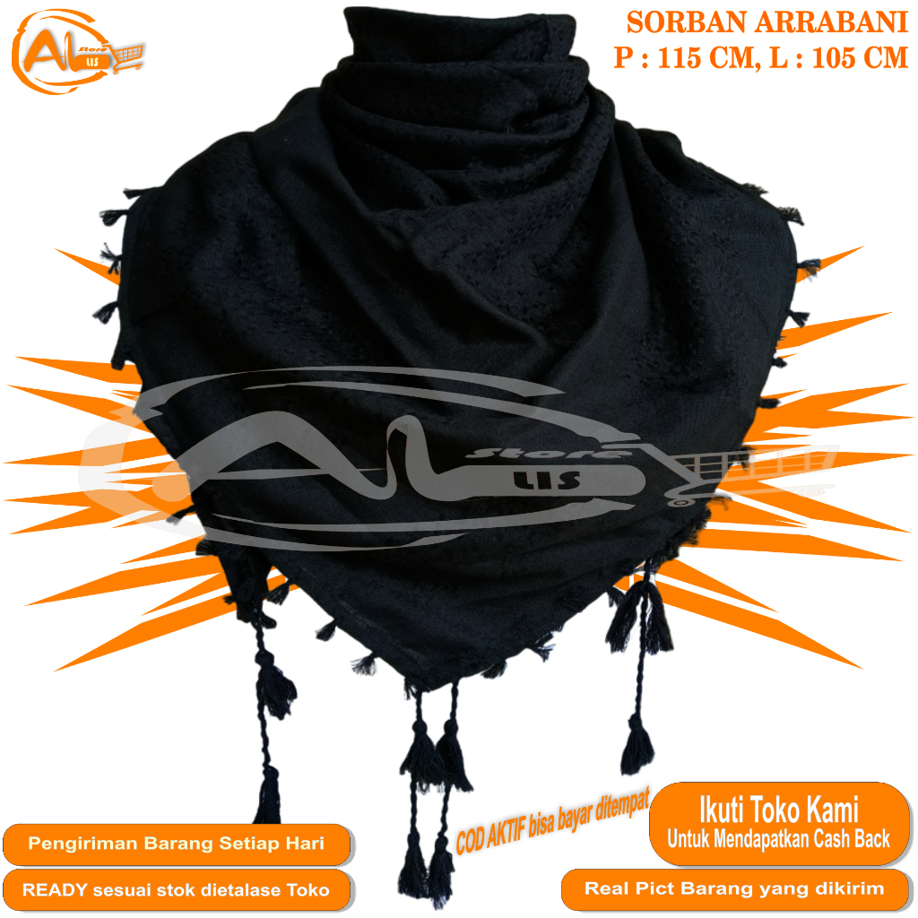 Sorban Shemagh Alkhas Hitam Polos Premium Surban Arab