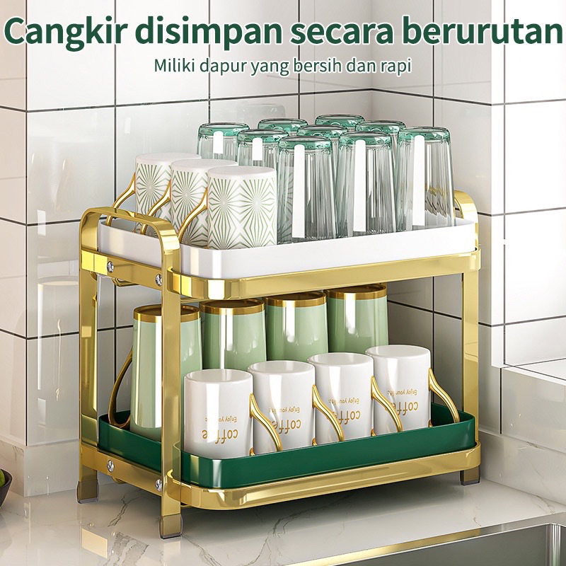 PREMIUM GOLD RAK TATAKAN GELAS MUG CANGKIR BAKI KITCHEN SET SUSUN TINGKAT EMAS HITAM PUTIH MEWAH TEKO TEH WADAH ALAS DAPUR